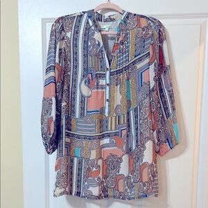 JADE Melody Tam Coral/Blue Chiffon Tunic‎ Top, Medium